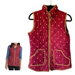 Red Camel Quilted Polka Dot Puffer Vest in Burgundy with Tan Trim